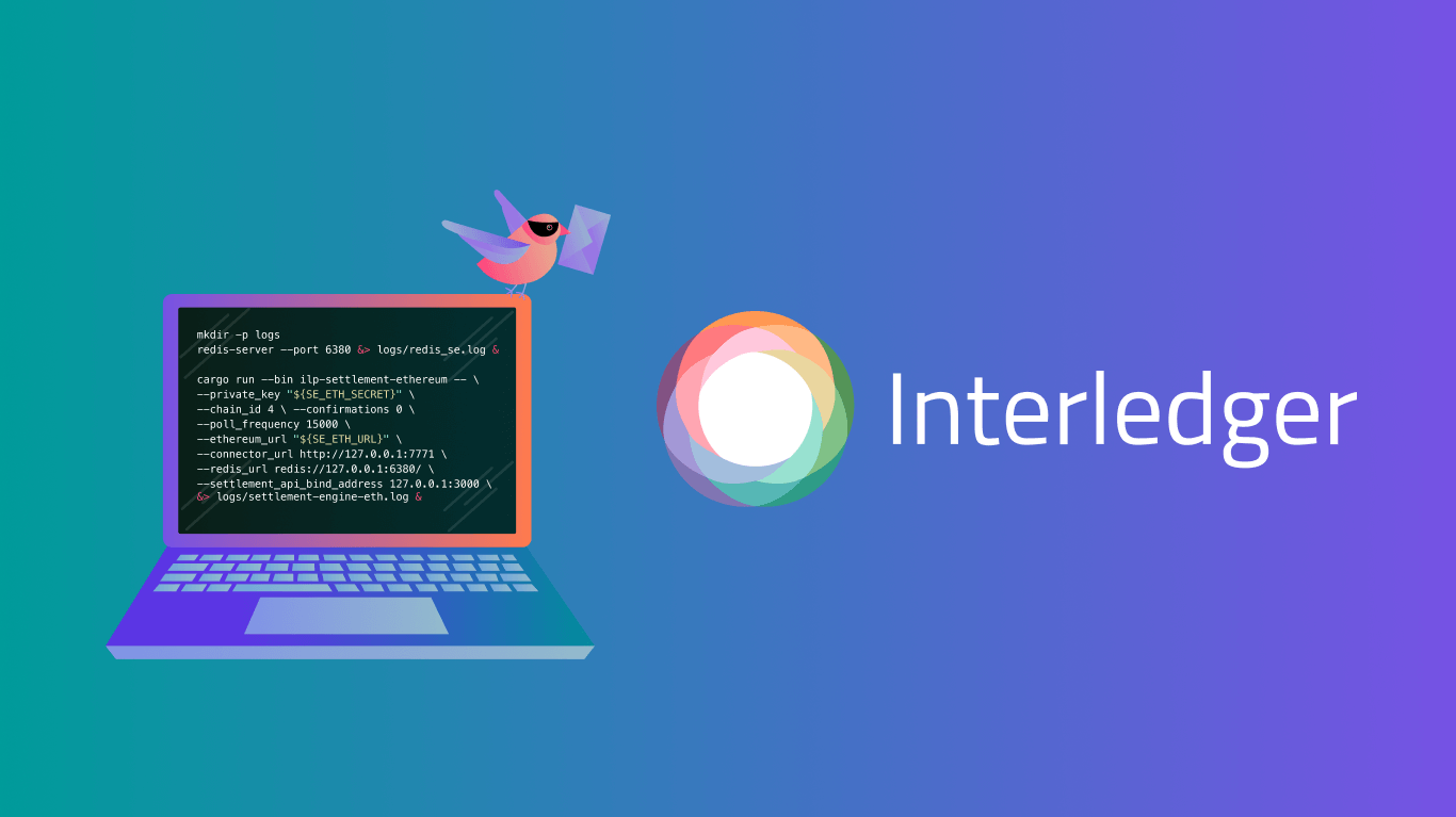 An illustration of Ernie perched atop a laptop next to the Interledger Logo